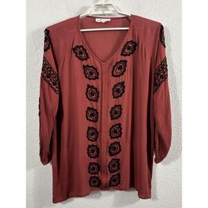 Angel Heart Boutique Tunic Blouse Womens 2X Red Embroidered Floral Boho Top